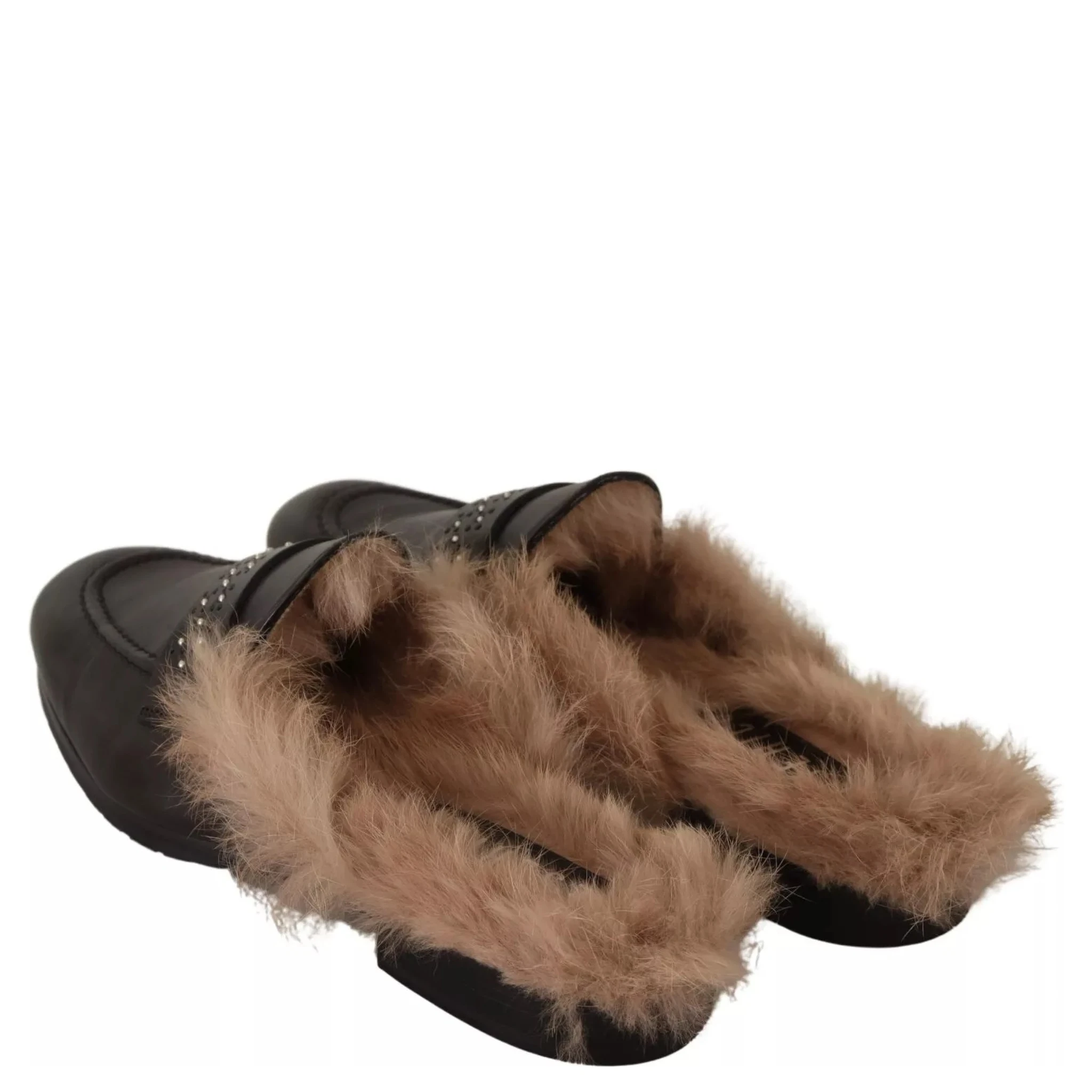 Black Leather Fur Perforated Slip On Flats Shoes