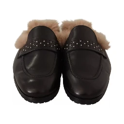 Black Leather Fur Perforated Slip On Flats Shoes