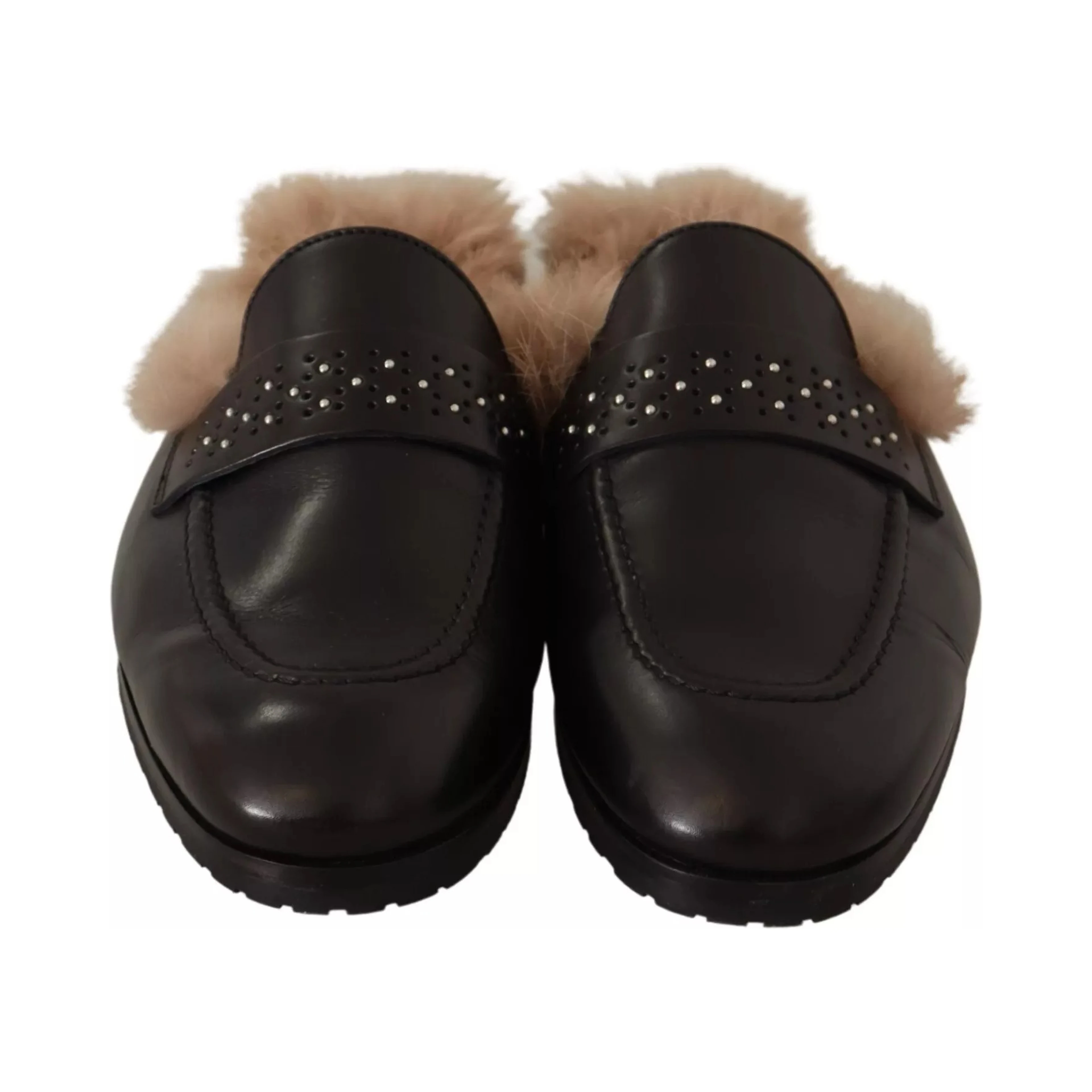 Black Leather Fur Perforated Slip On Flats Shoes