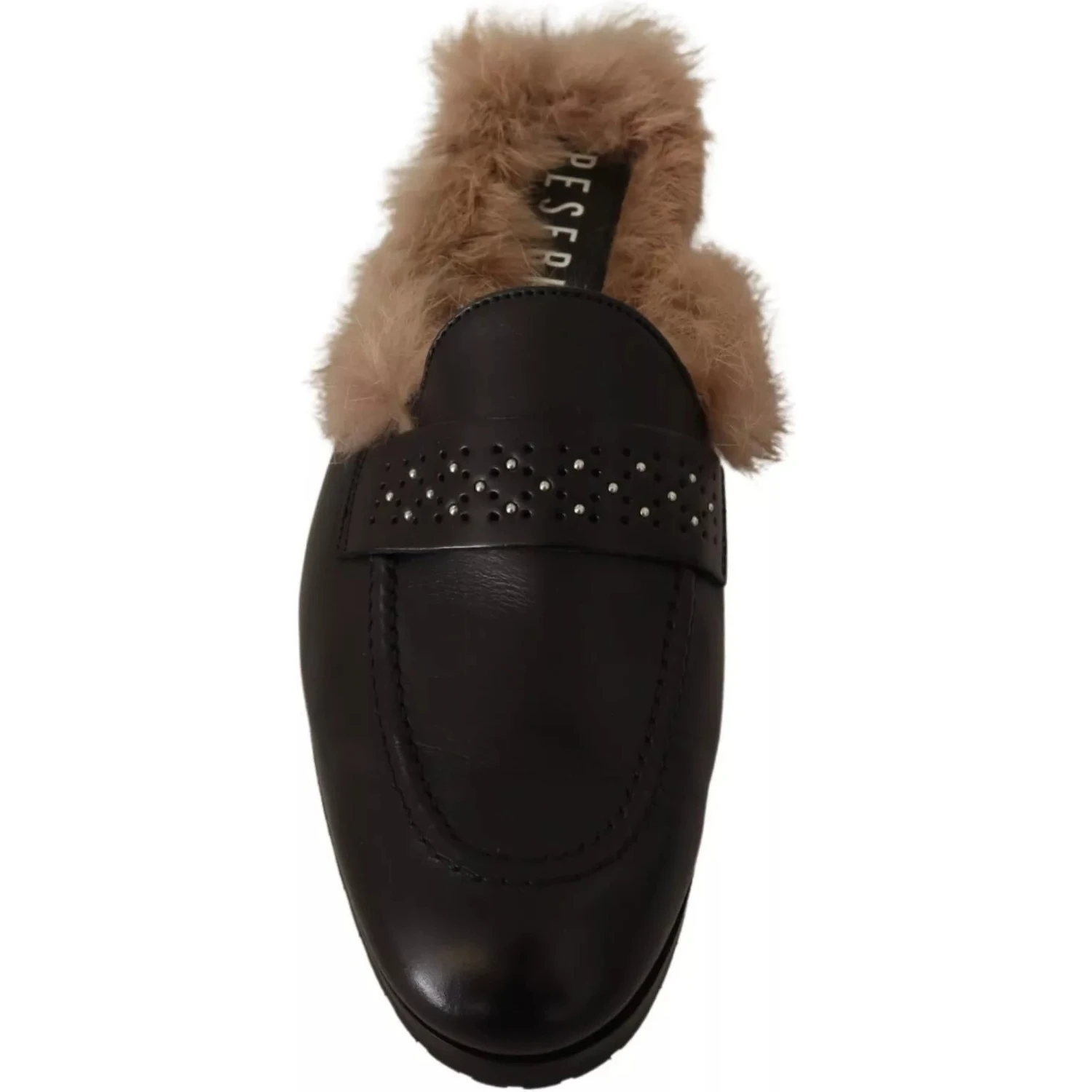 Black Leather Fur Perforated Slip On Flats Shoes