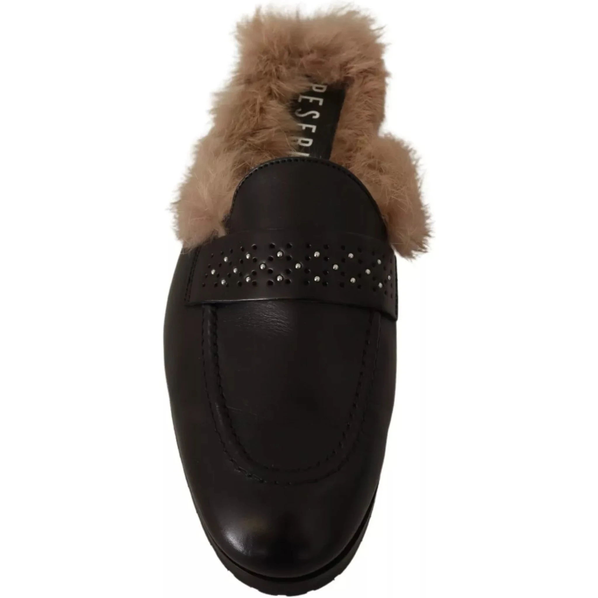Black Leather Fur Perforated Slip On Flats Shoes