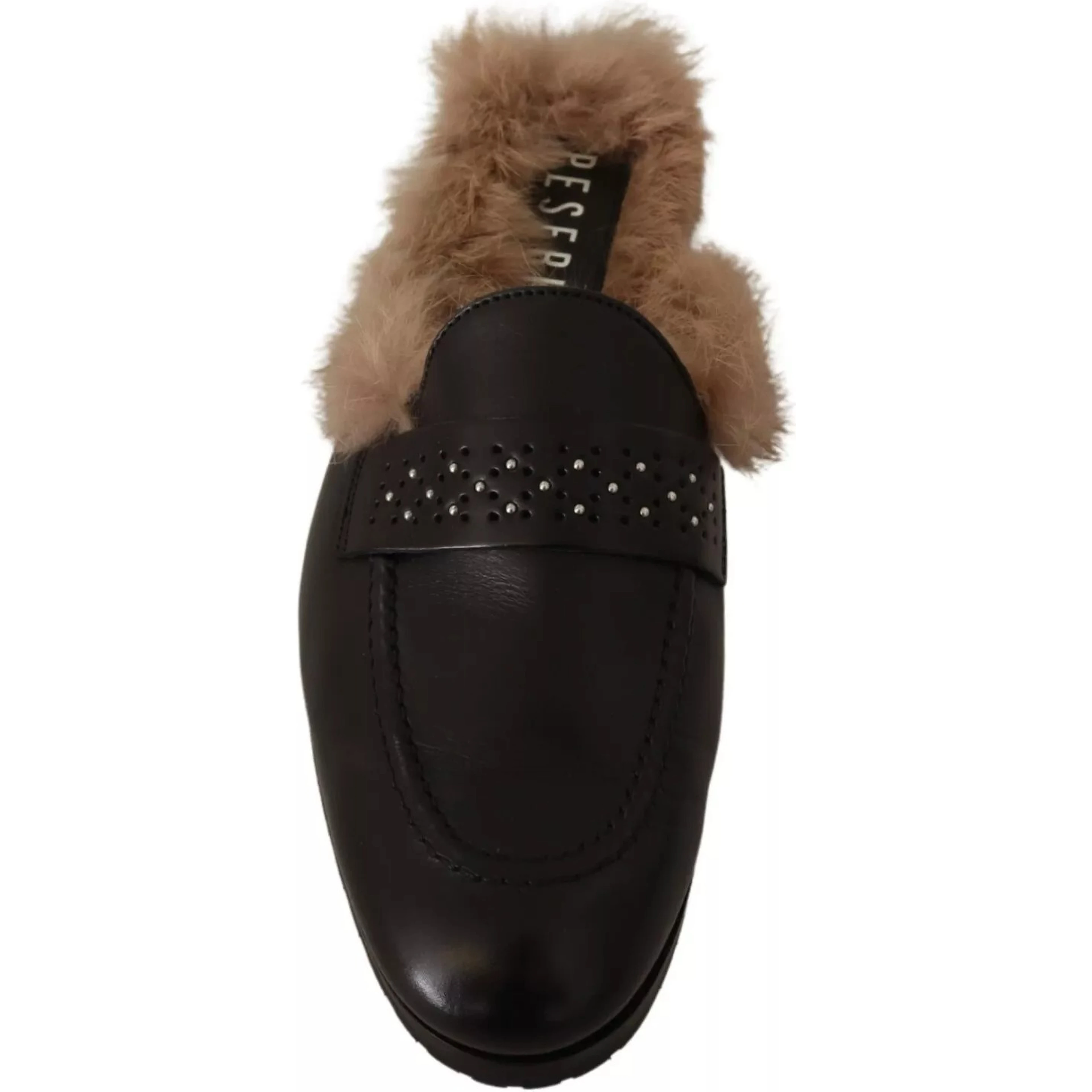 Black Leather Fur Perforated Slip On Flats Shoes