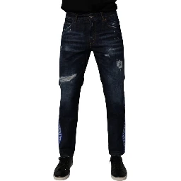 Dark Blue Cotton Tattered Skinny Denim Jeans