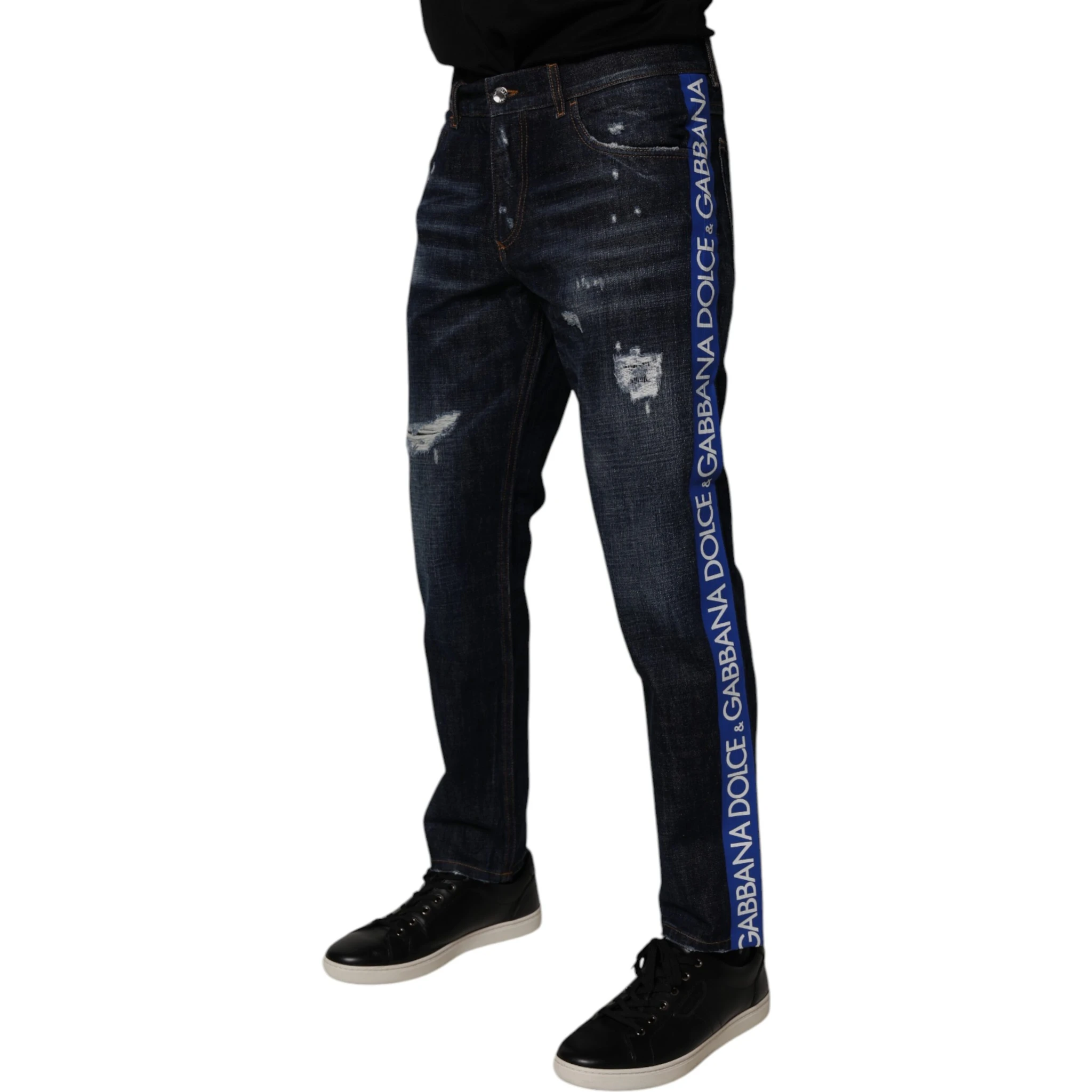Dark Blue Cotton Tattered Skinny Denim Jeans