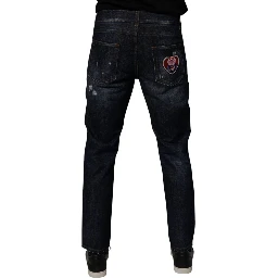Dark Blue Cotton Tattered Skinny Denim Jeans
