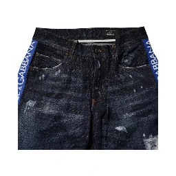 Dark Blue Cotton Tattered Skinny Denim Jeans