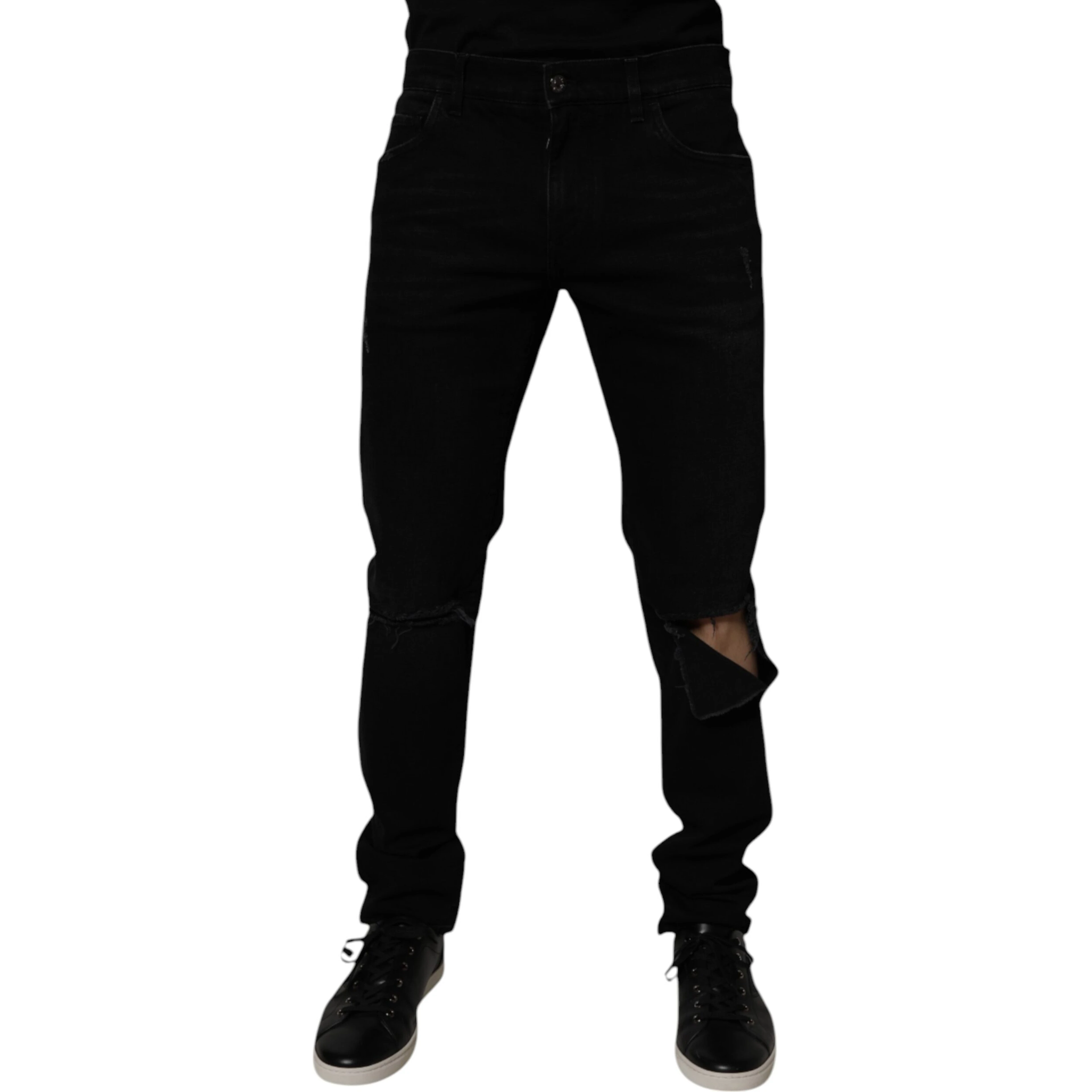 Black Cotton Tattered Skinny Men Denim Jeans