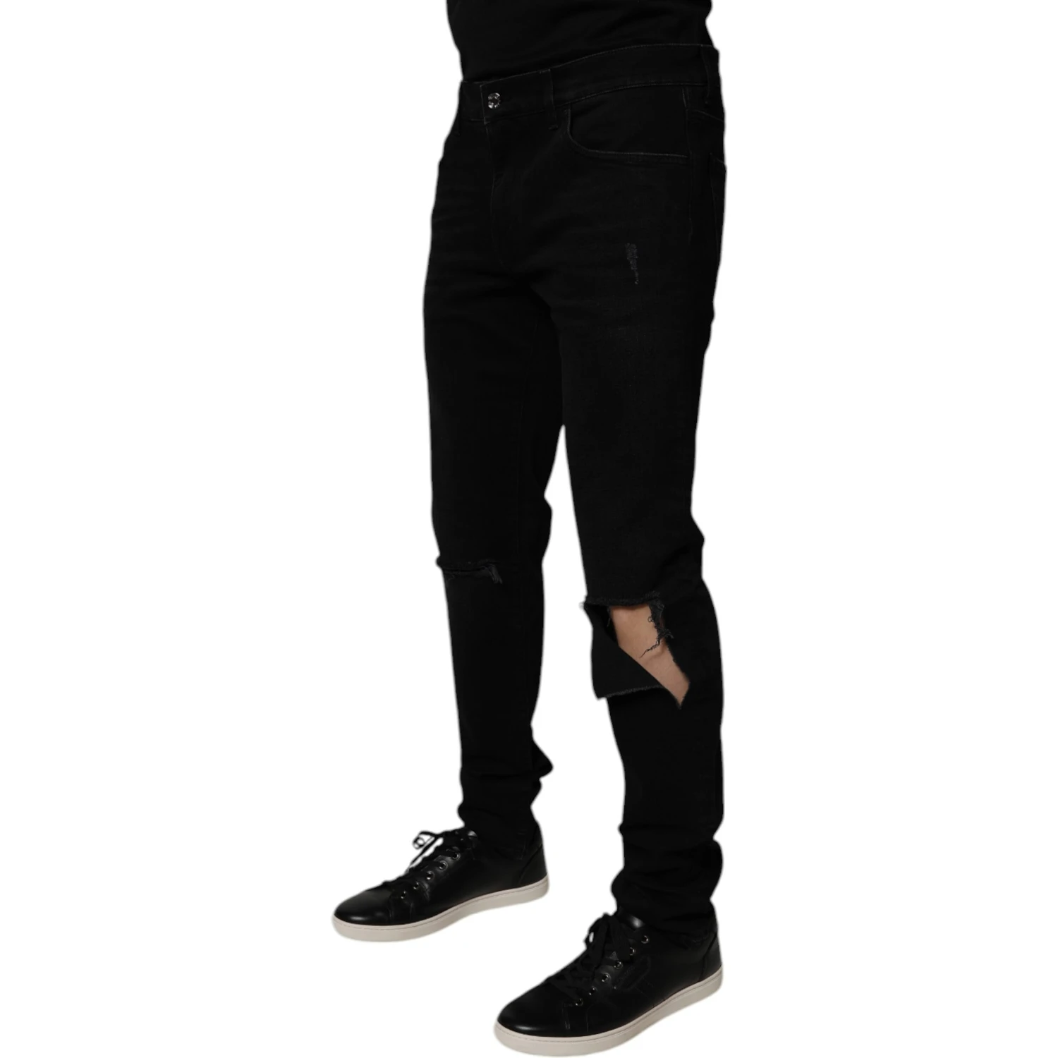 Black Cotton Tattered Skinny Men Denim Jeans