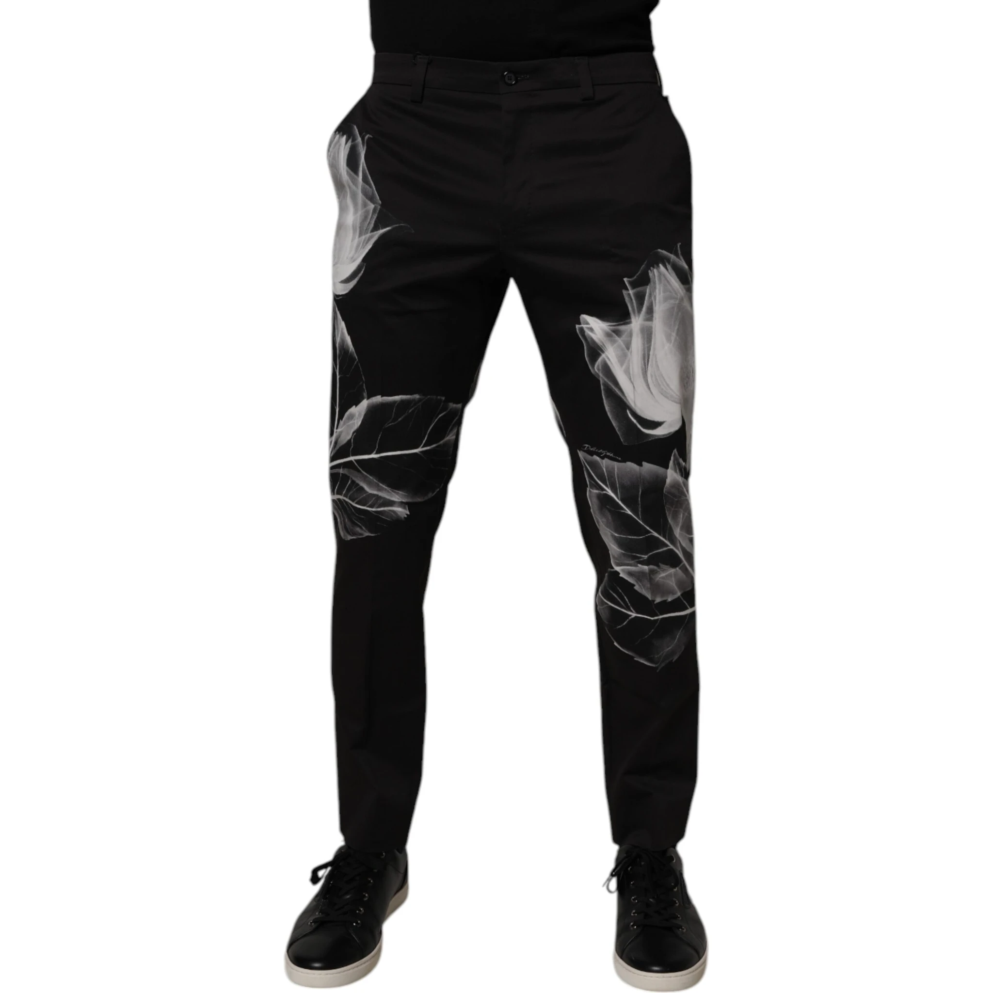 Black Cotton Floral Skinny Dress Pants
