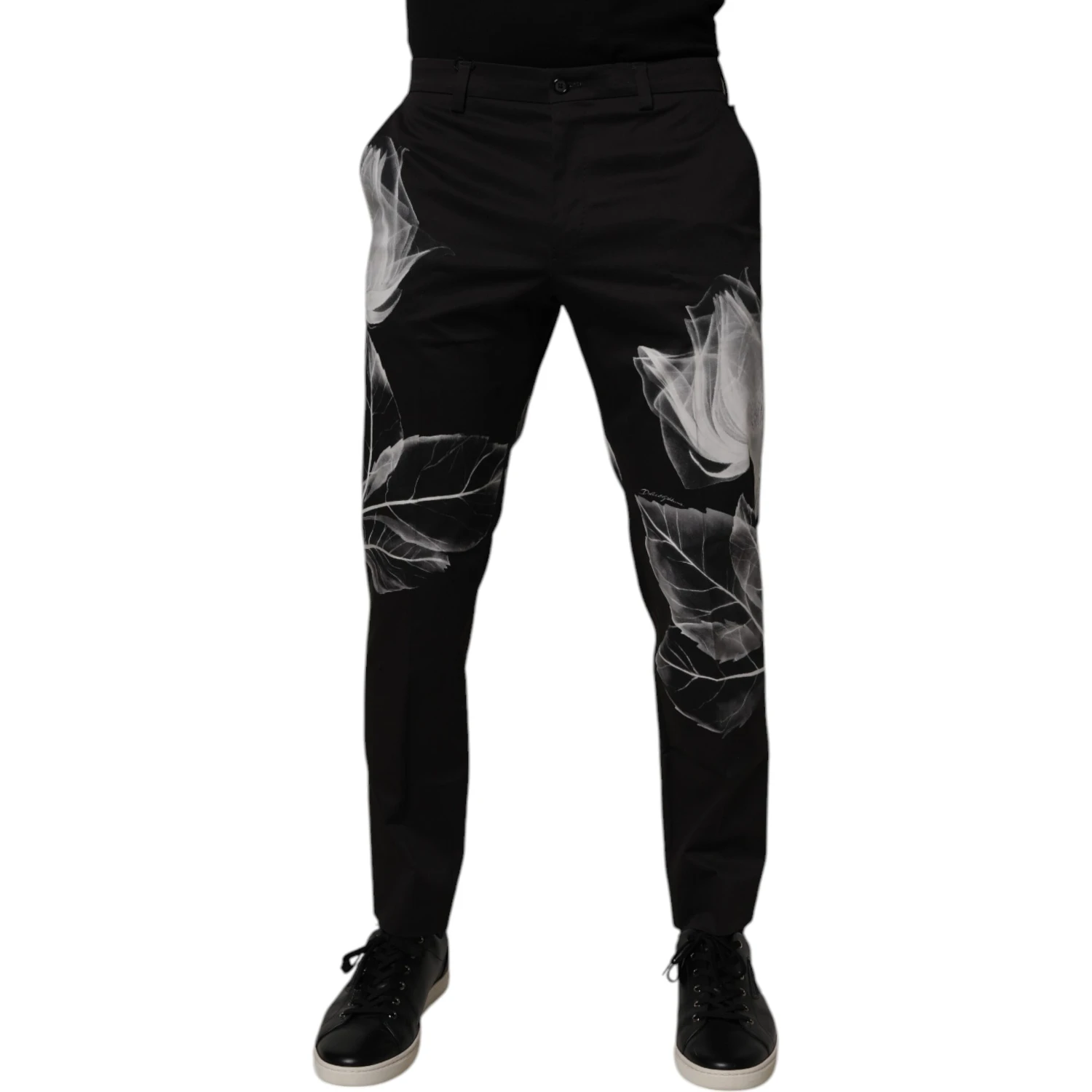 Black Cotton Floral Skinny Dress Pants