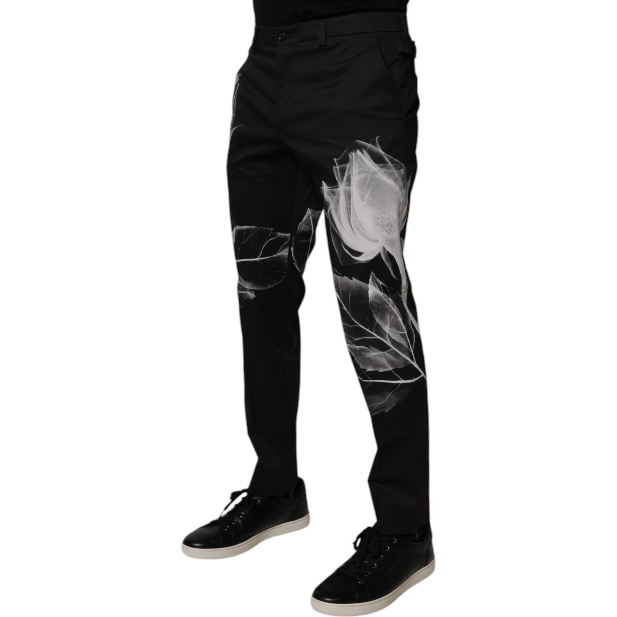 Black Cotton Floral Skinny Dress Pants