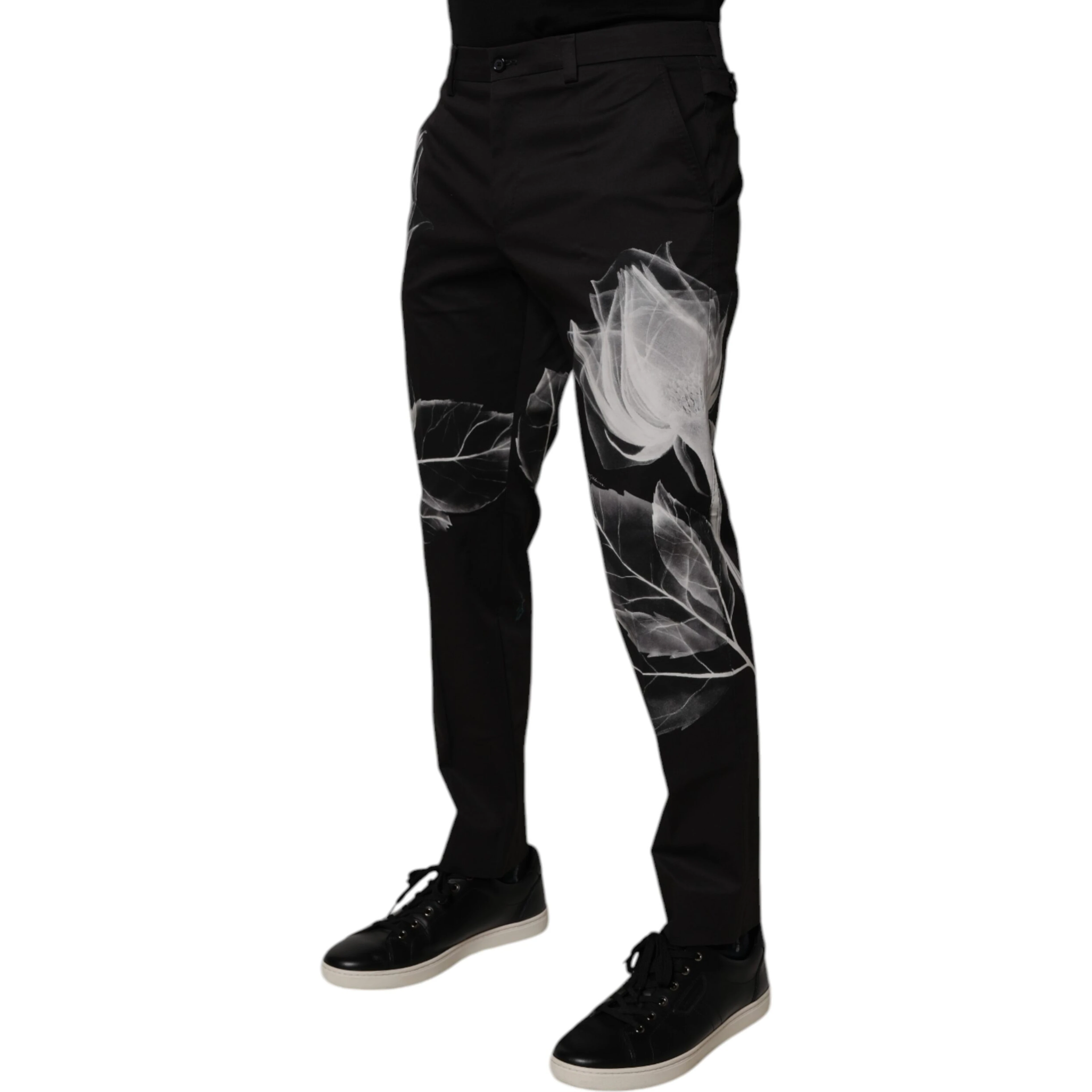 Black Cotton Floral Skinny Dress Pants