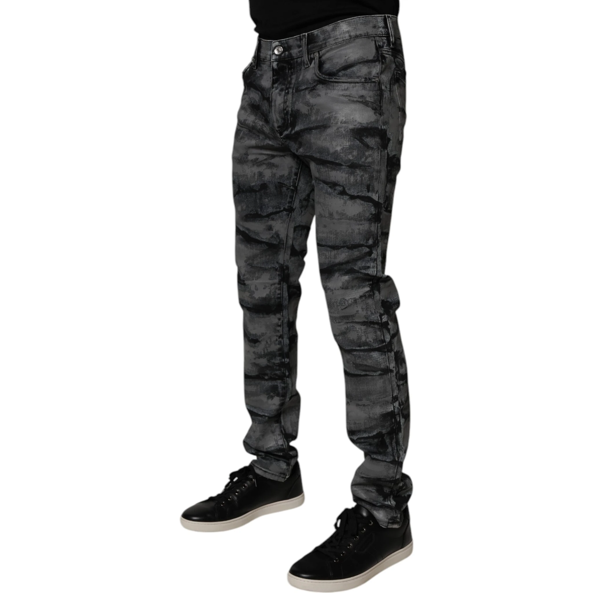 Gray Tie Dye Cotton Skinny Men Denim Jeans