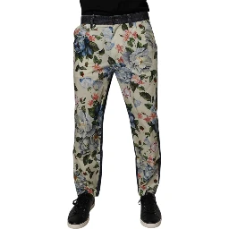 Beige Blue Floral Cotton Men Denim Jeans