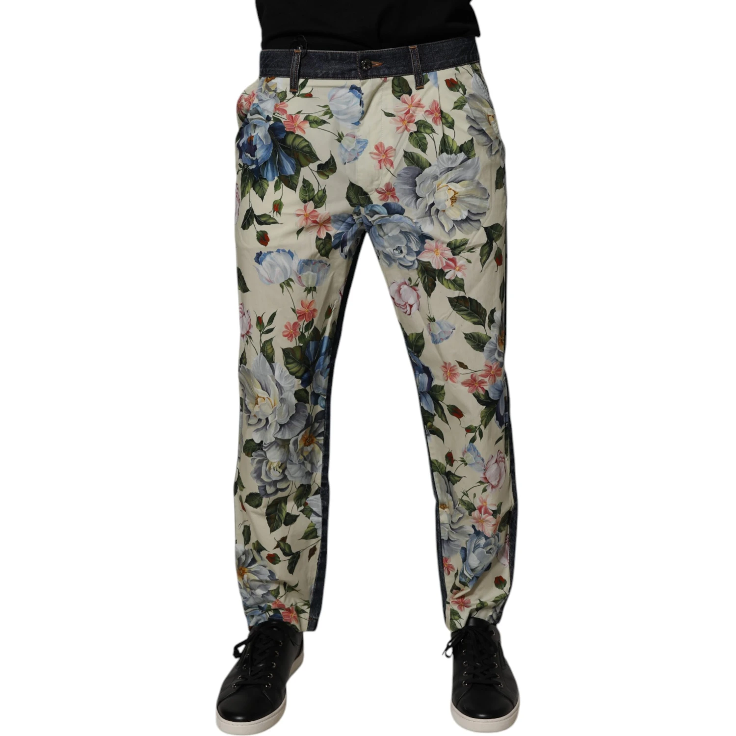 Beige Blue Floral Cotton Men Denim Jeans