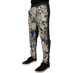 Beige Blue Floral Cotton Men Denim Jeans