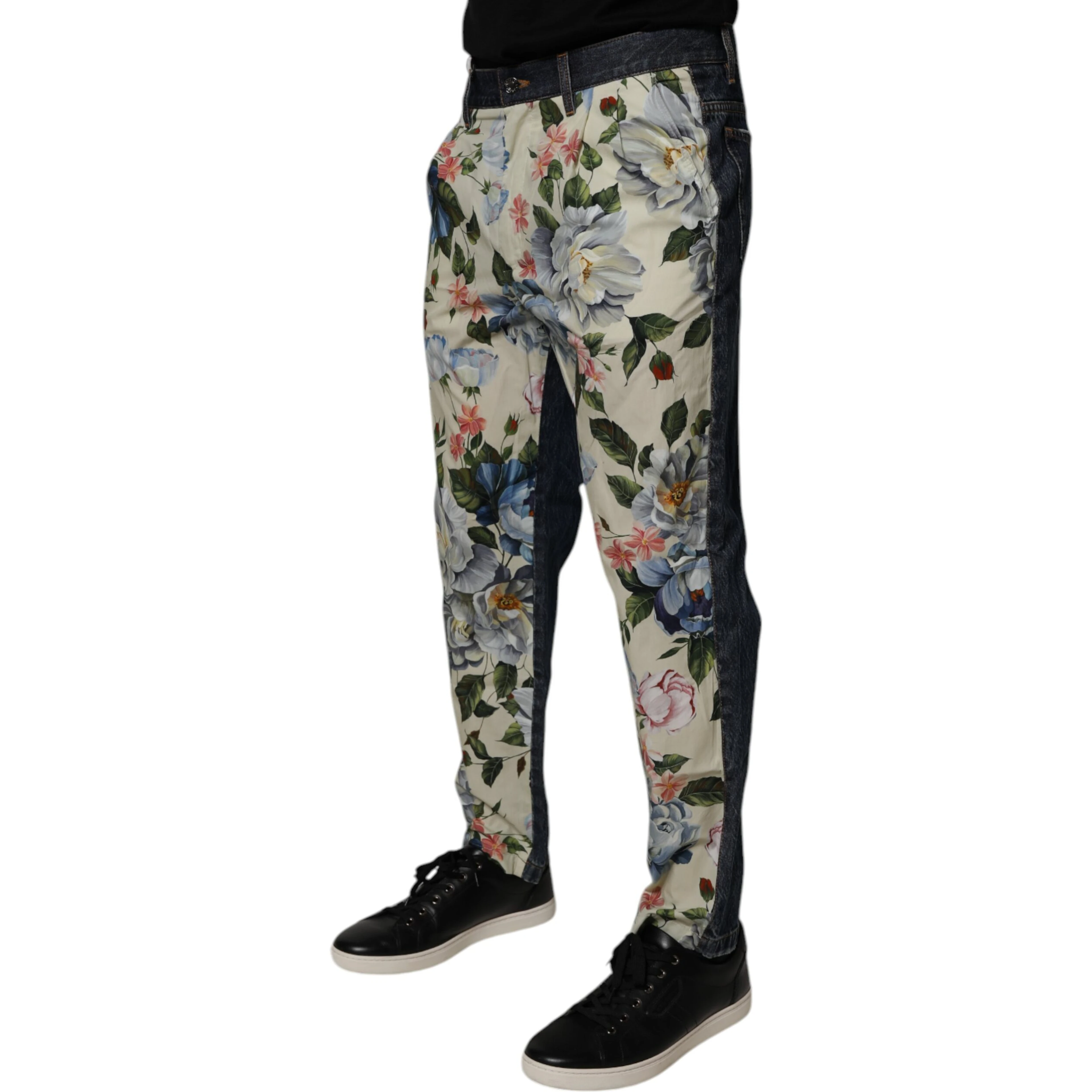 Beige Blue Floral Cotton Men Denim Jeans