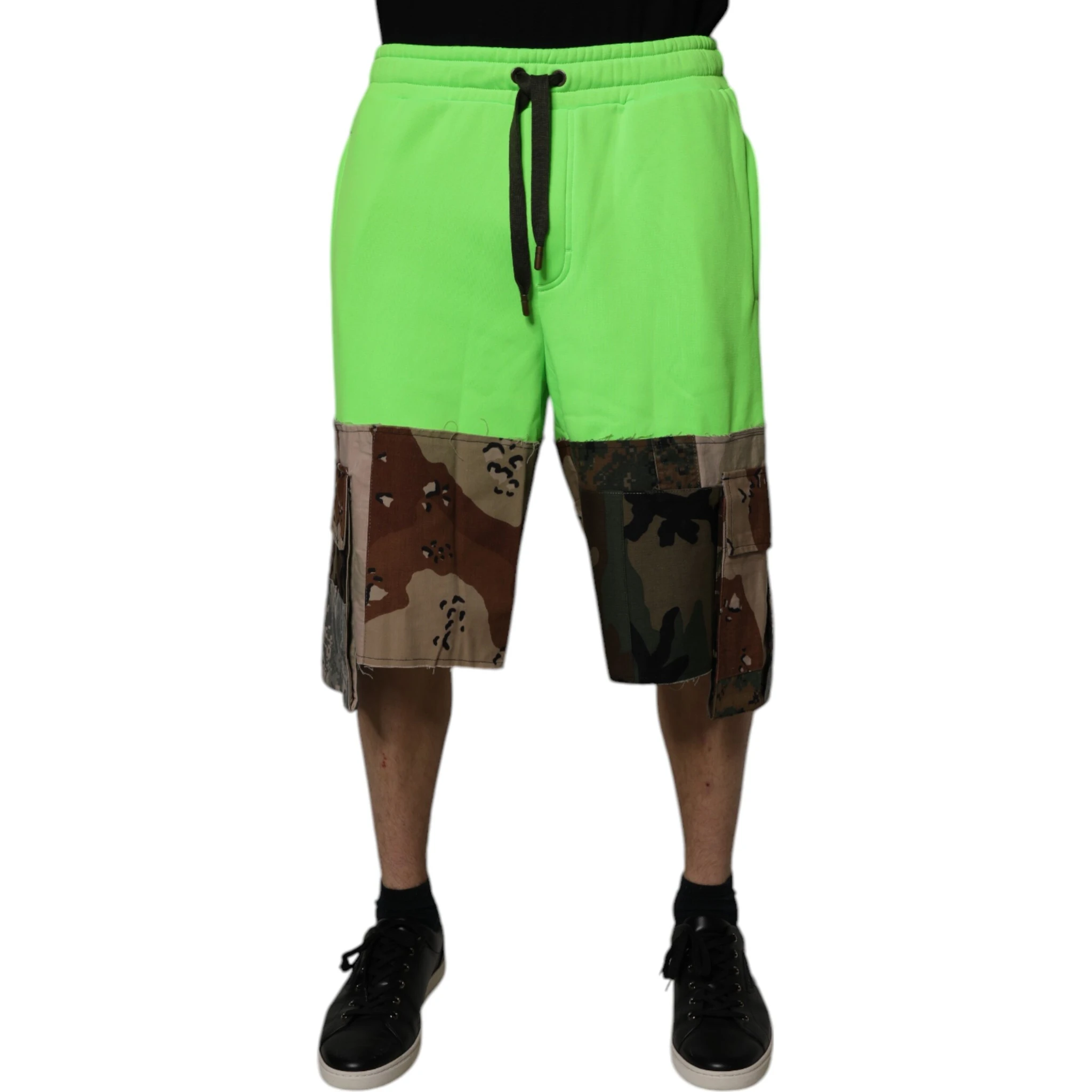 Green Patchwork Cargo Bermuda Shorts