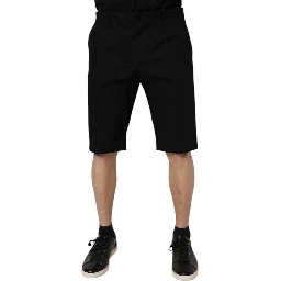 Black Cotton Stretch Mid Waist Bermuda Shorts