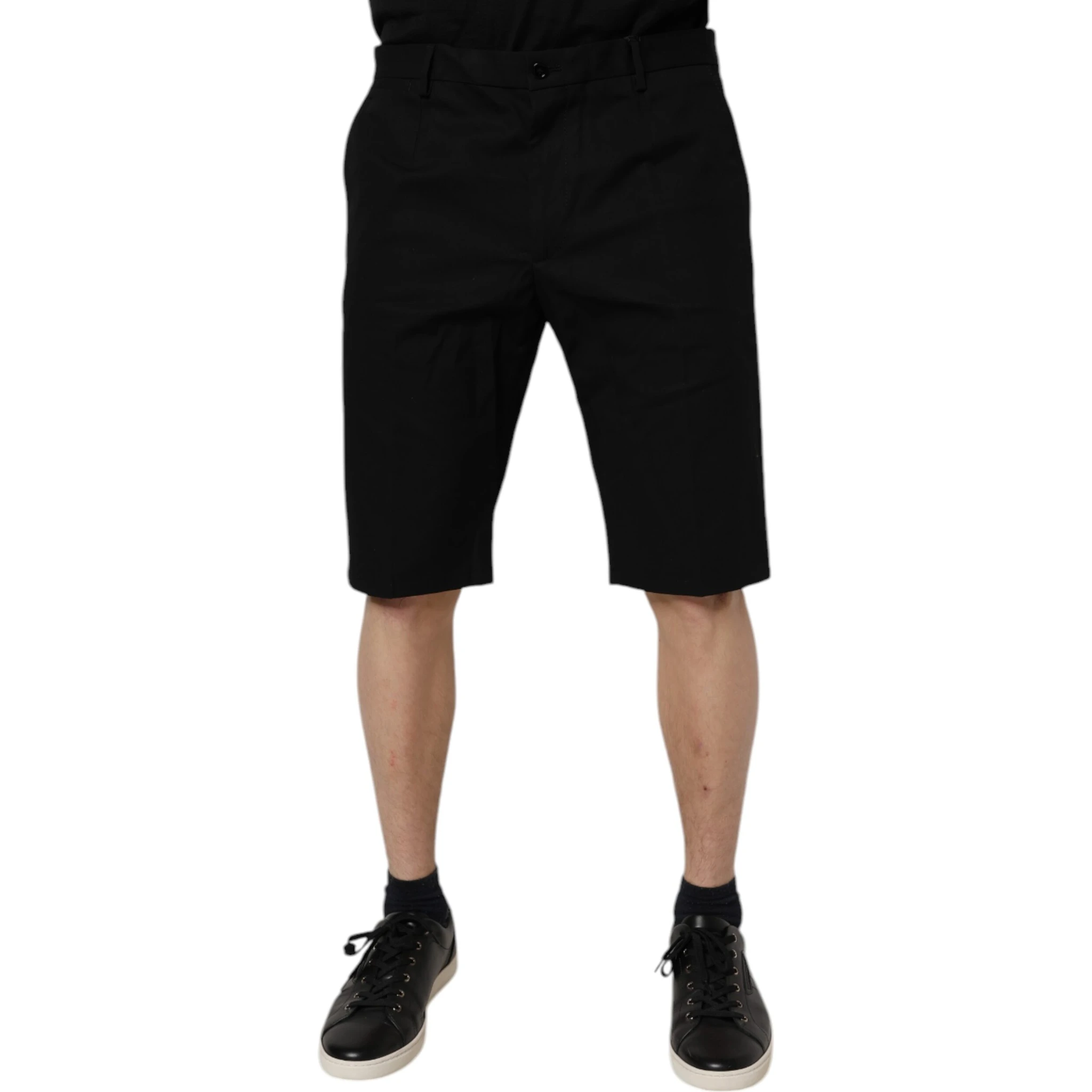 Black Cotton Stretch Mid Waist Bermuda Shorts