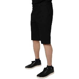 Black Cotton Stretch Mid Waist Bermuda Shorts