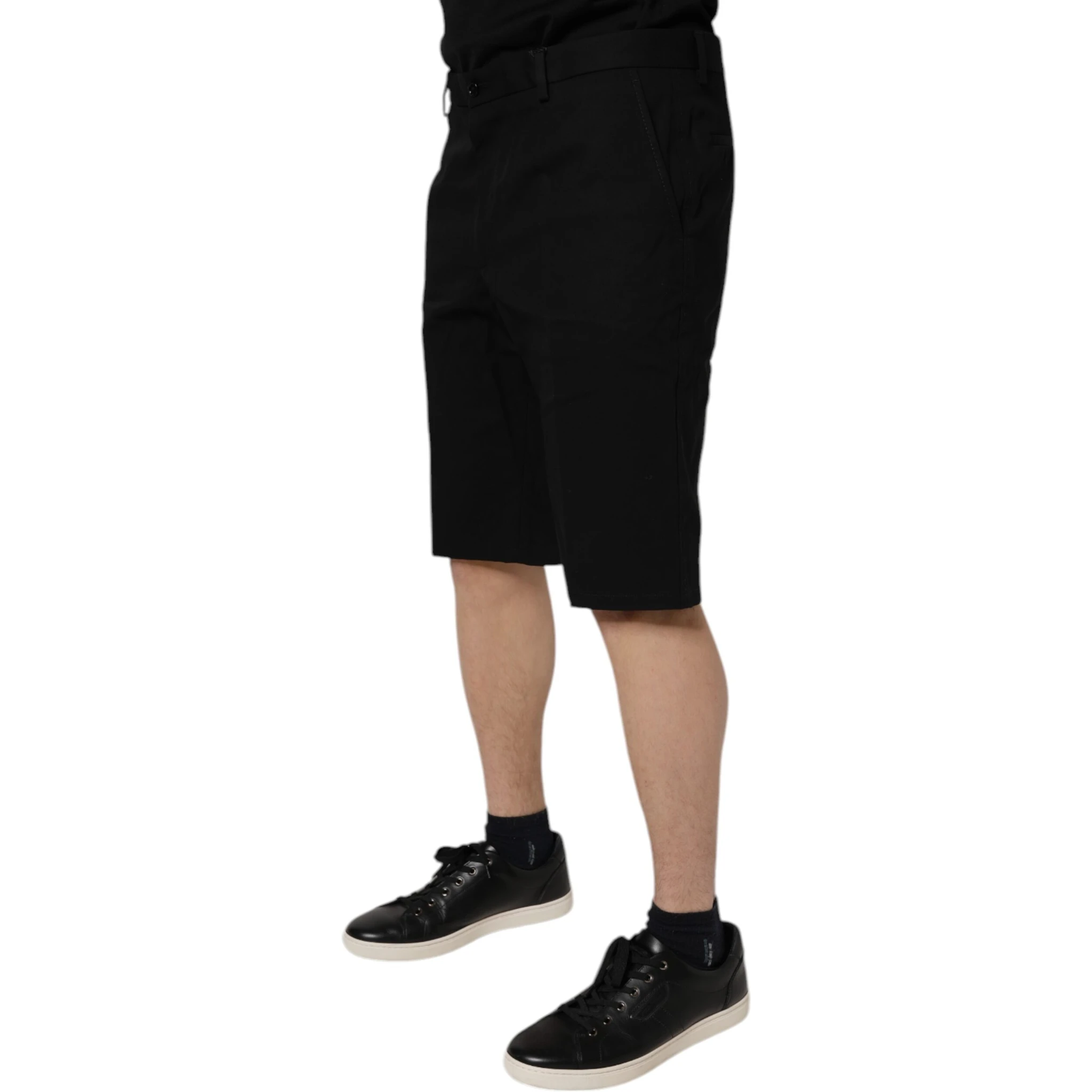 Black Cotton Stretch Mid Waist Bermuda Shorts