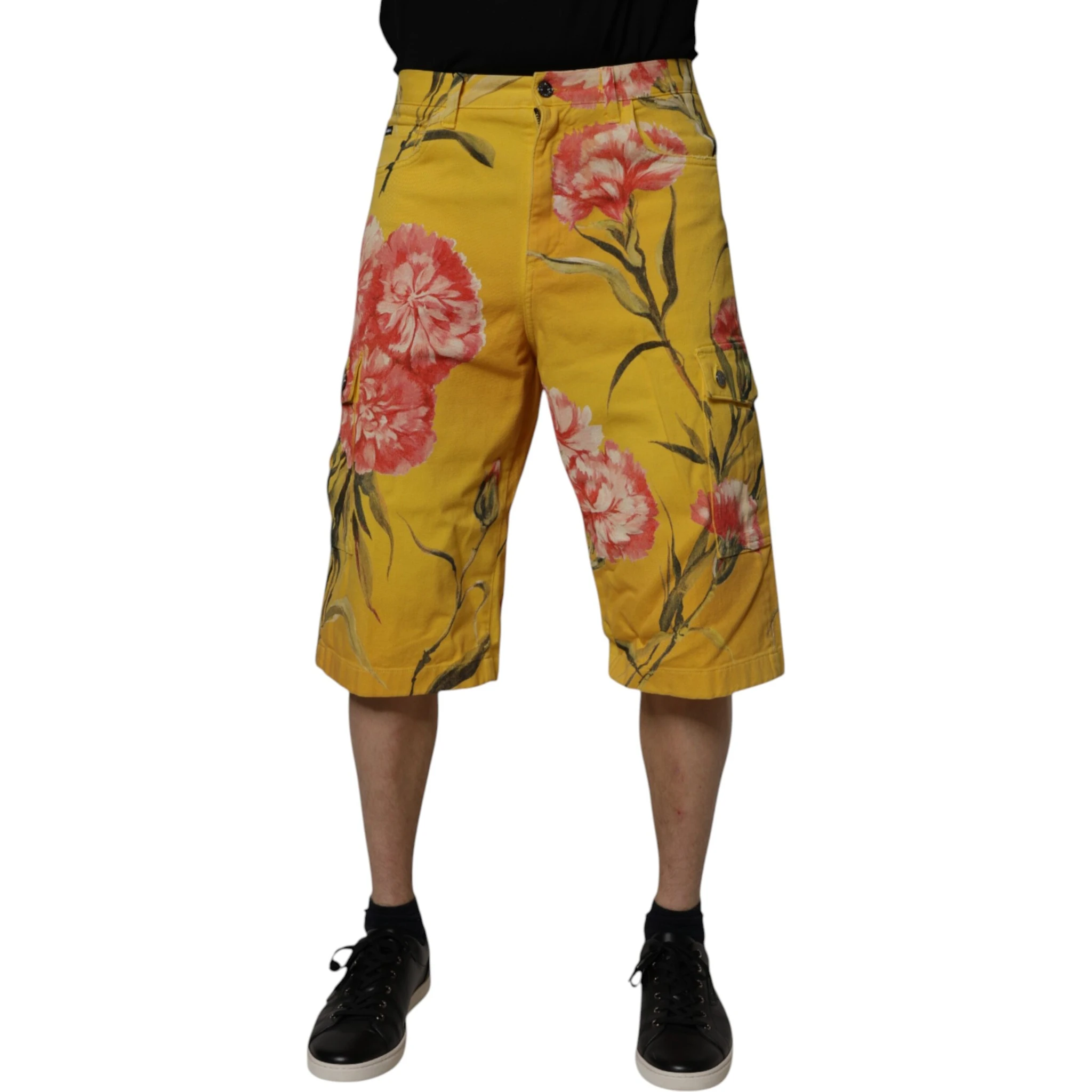 Yellow Floral Cargo Denim Men Bermuda Shorts