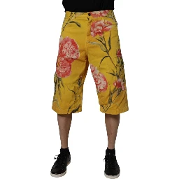 Yellow Floral Cargo Denim Men Bermuda Shorts