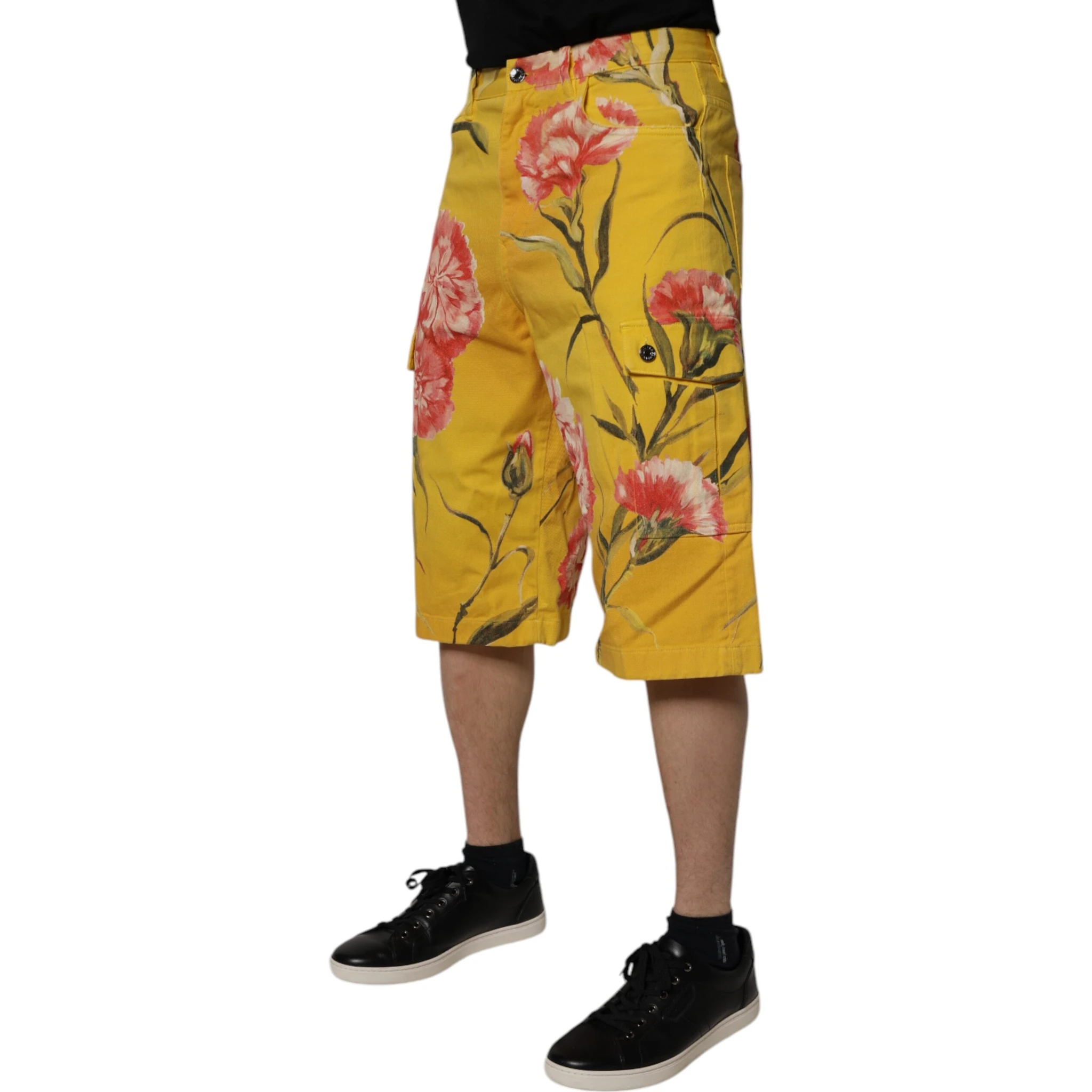 Yellow Floral Cargo Denim Men Bermuda Shorts