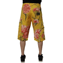 Yellow Floral Cargo Denim Men Bermuda Shorts