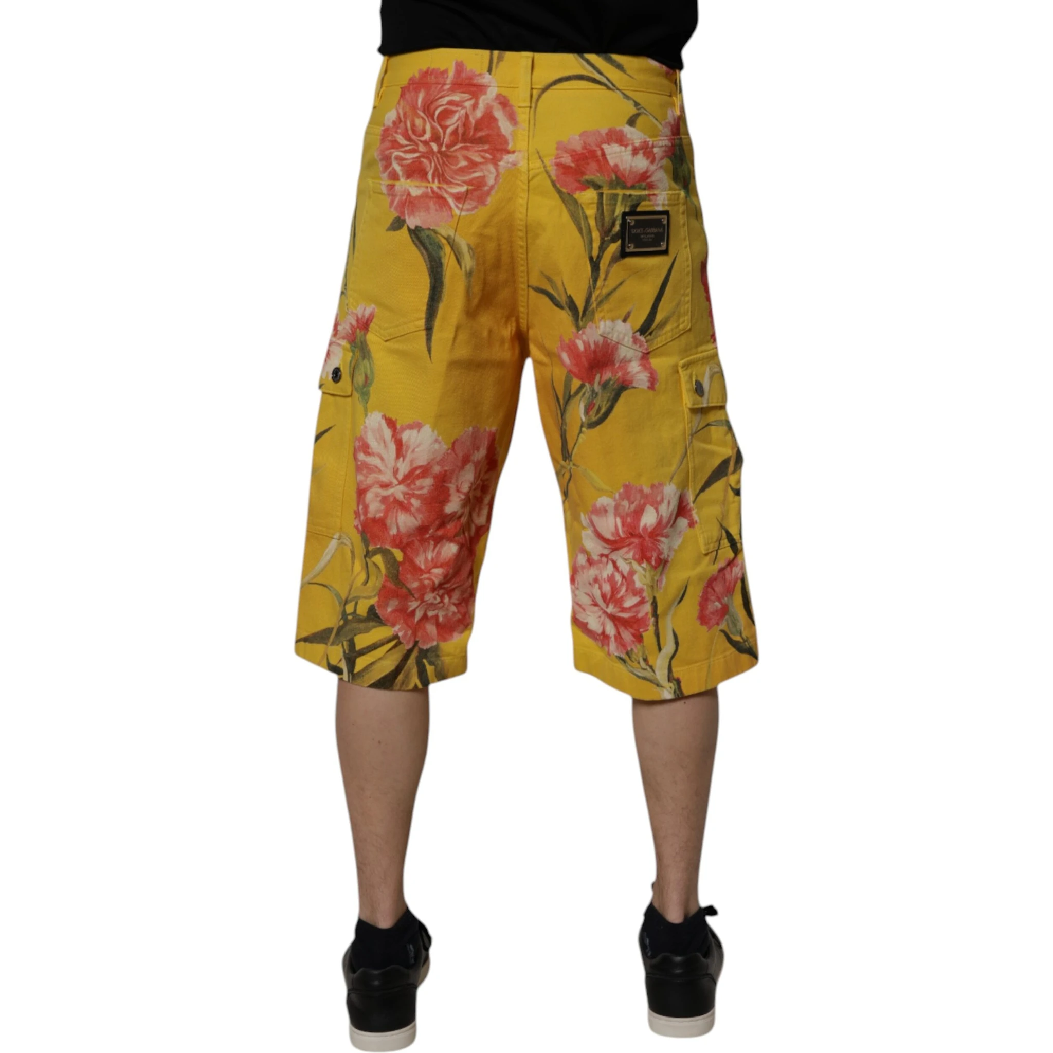Yellow Floral Cargo Denim Men Bermuda Shorts