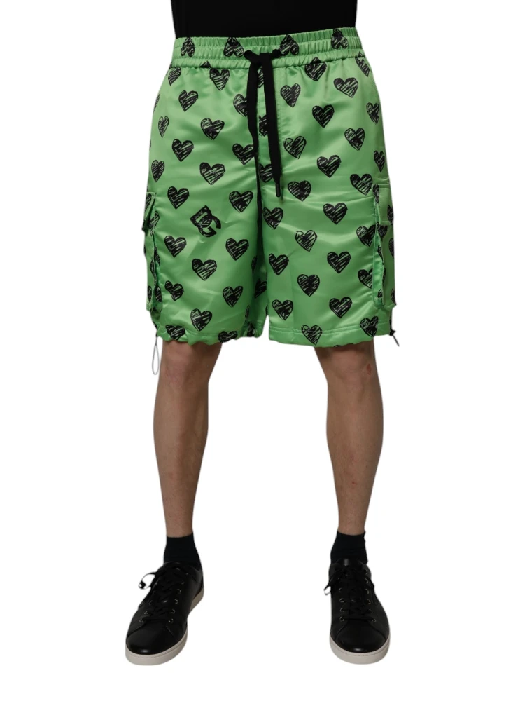 Green Heart Print Cargo Men Bermuda Shorts