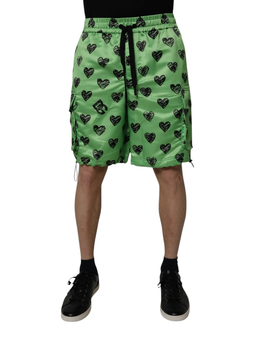 Green Heart Print Cargo Men Bermuda Shorts