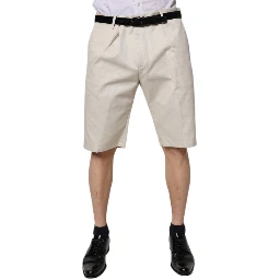 Beige Cotton Stretch Mid Waist Bermuda Shorts