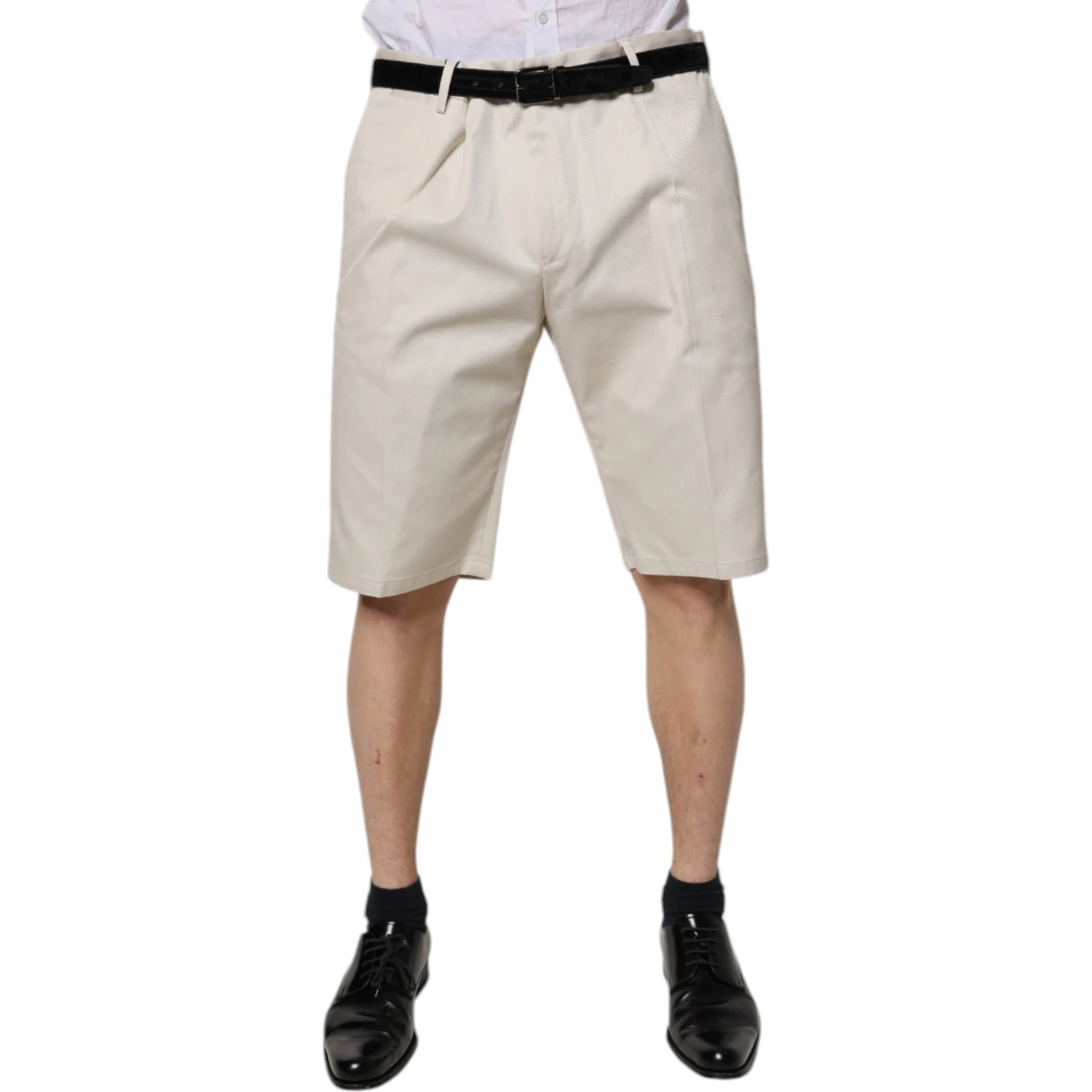 Beige Cotton Stretch Mid Waist Bermuda Shorts