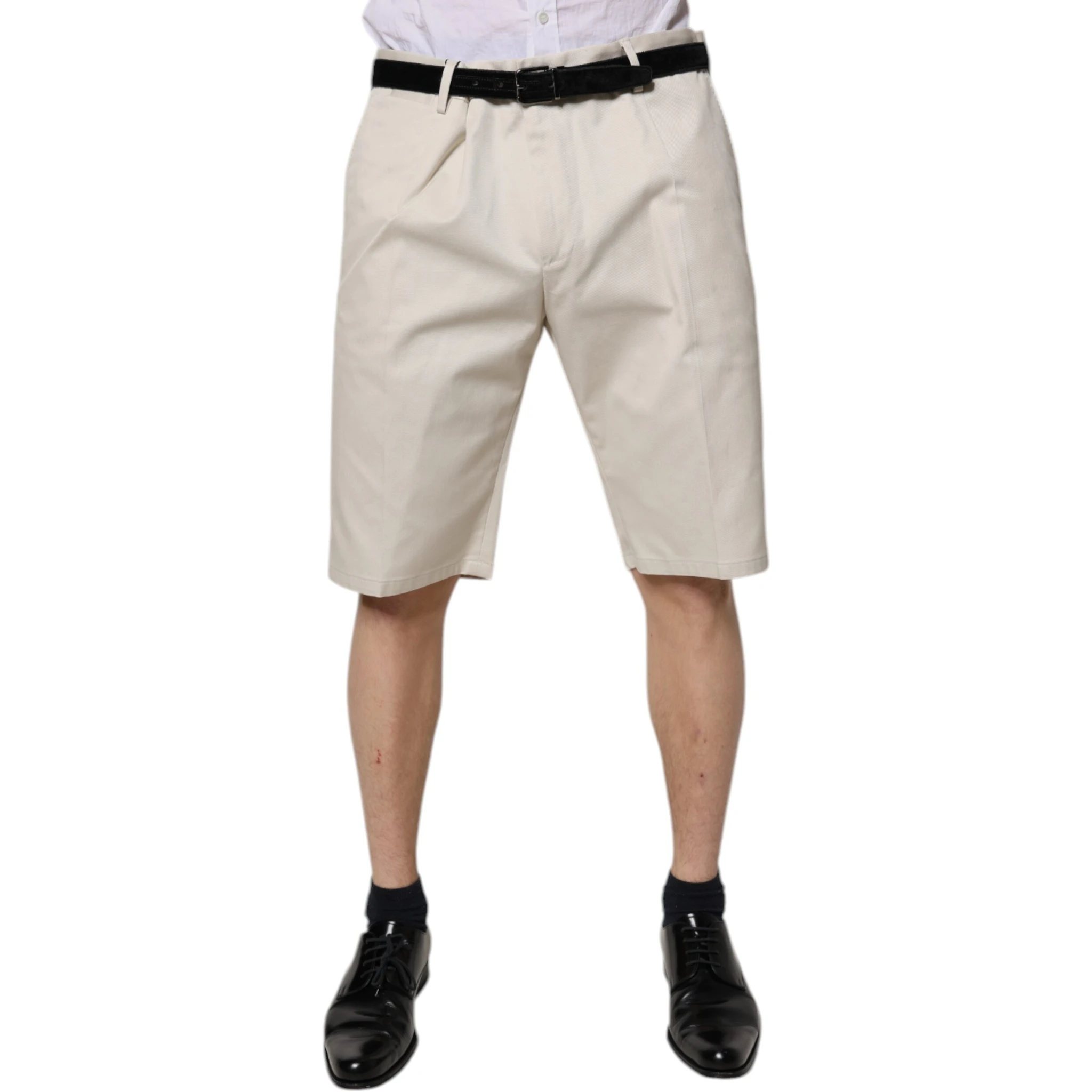 Beige Cotton Stretch Mid Waist Bermuda Shorts