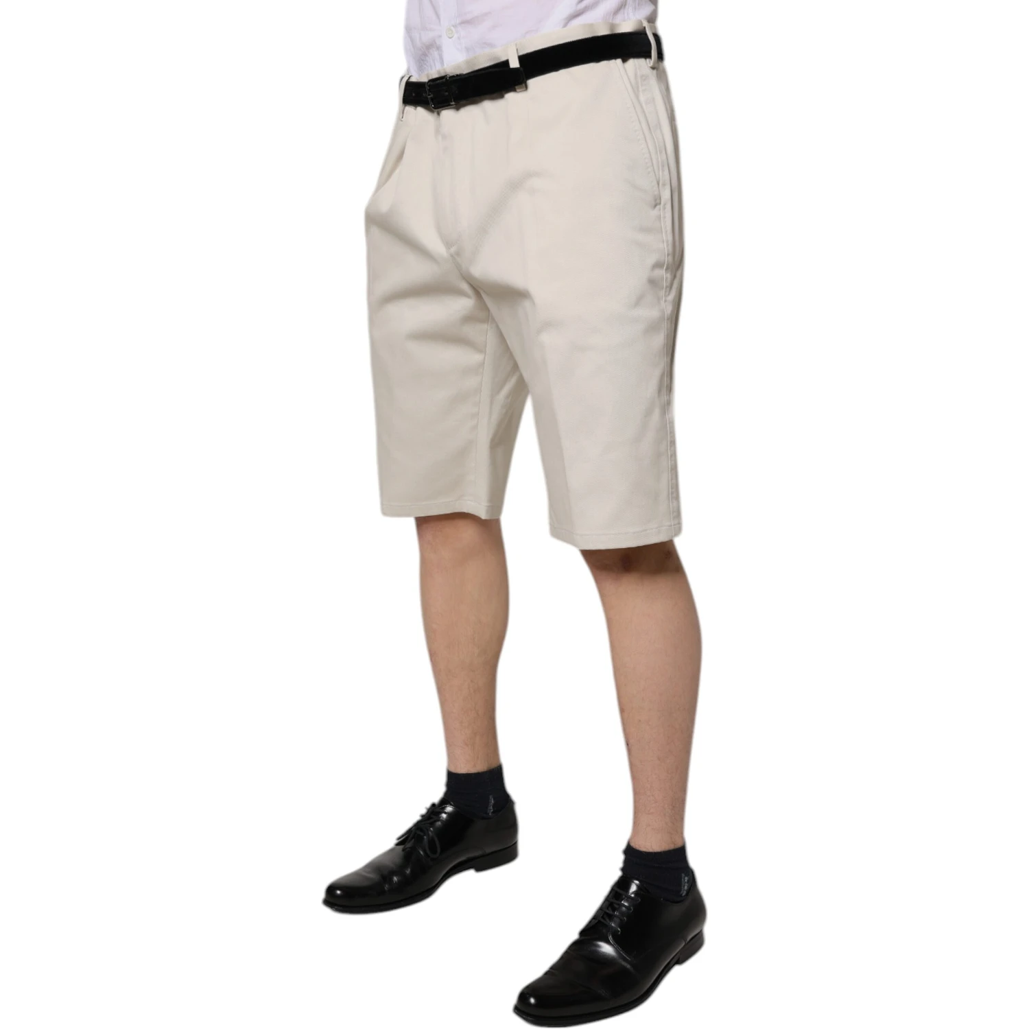 Beige Cotton Stretch Mid Waist Bermuda Shorts