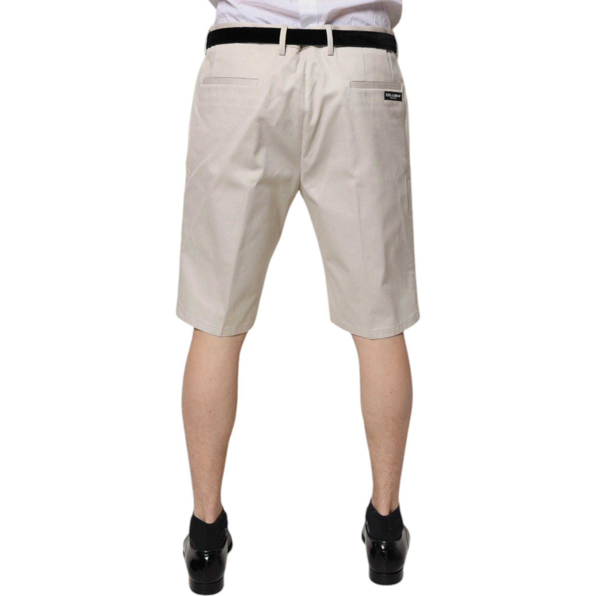 Beige Cotton Stretch Mid Waist Bermuda Shorts