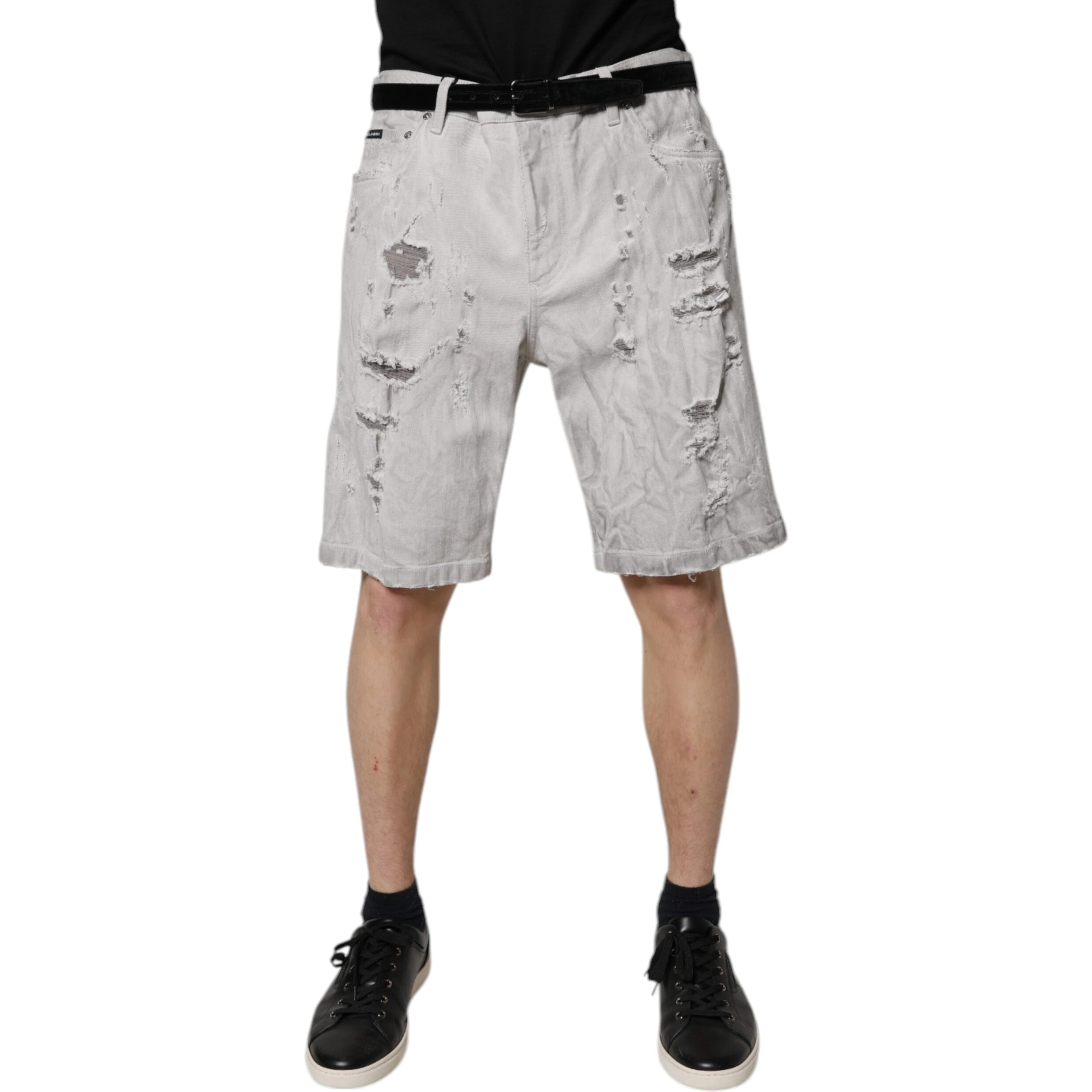 Light Gray Tattered Men Denim Bermuda Shorts