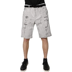 Light Gray Tattered Men Denim Bermuda Shorts