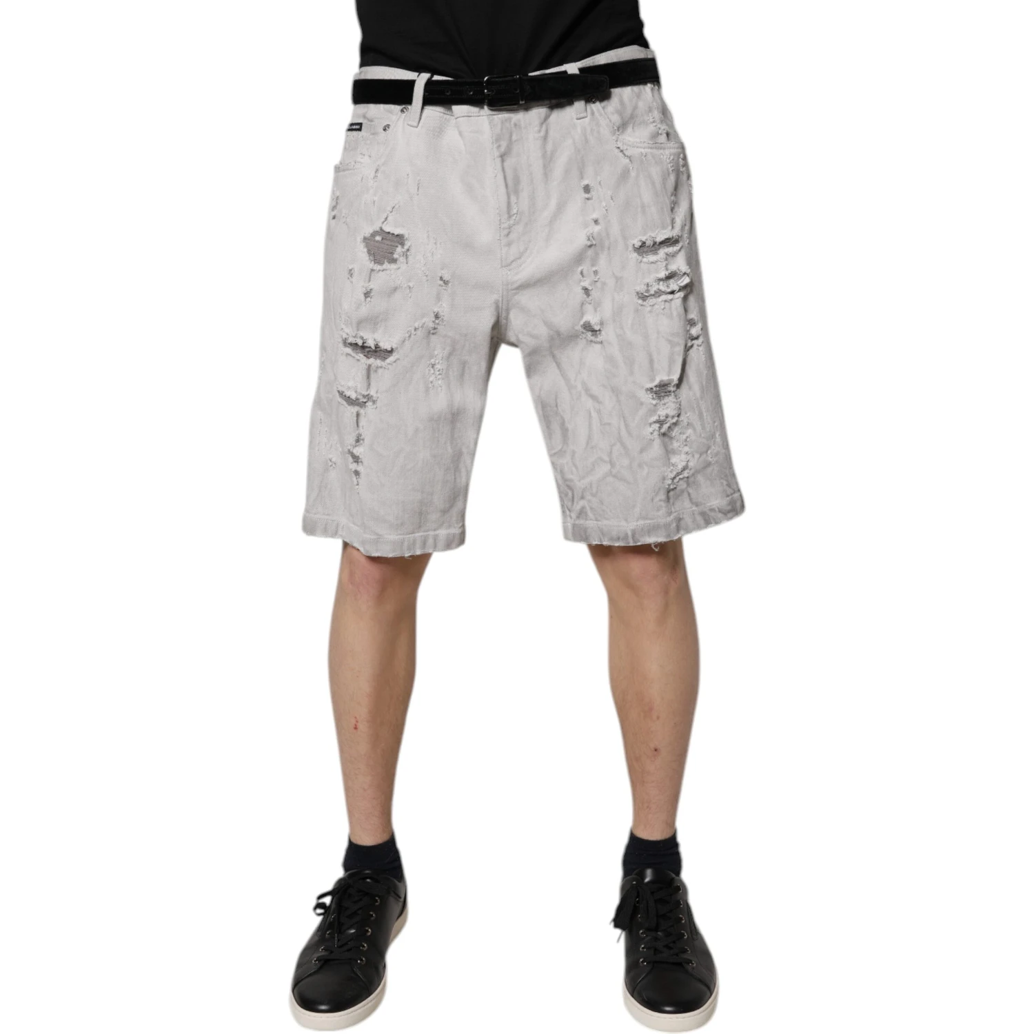 Light Gray Tattered Men Denim Bermuda Shorts