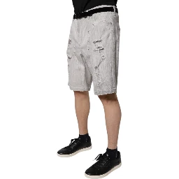Light Gray Tattered Men Denim Bermuda Shorts