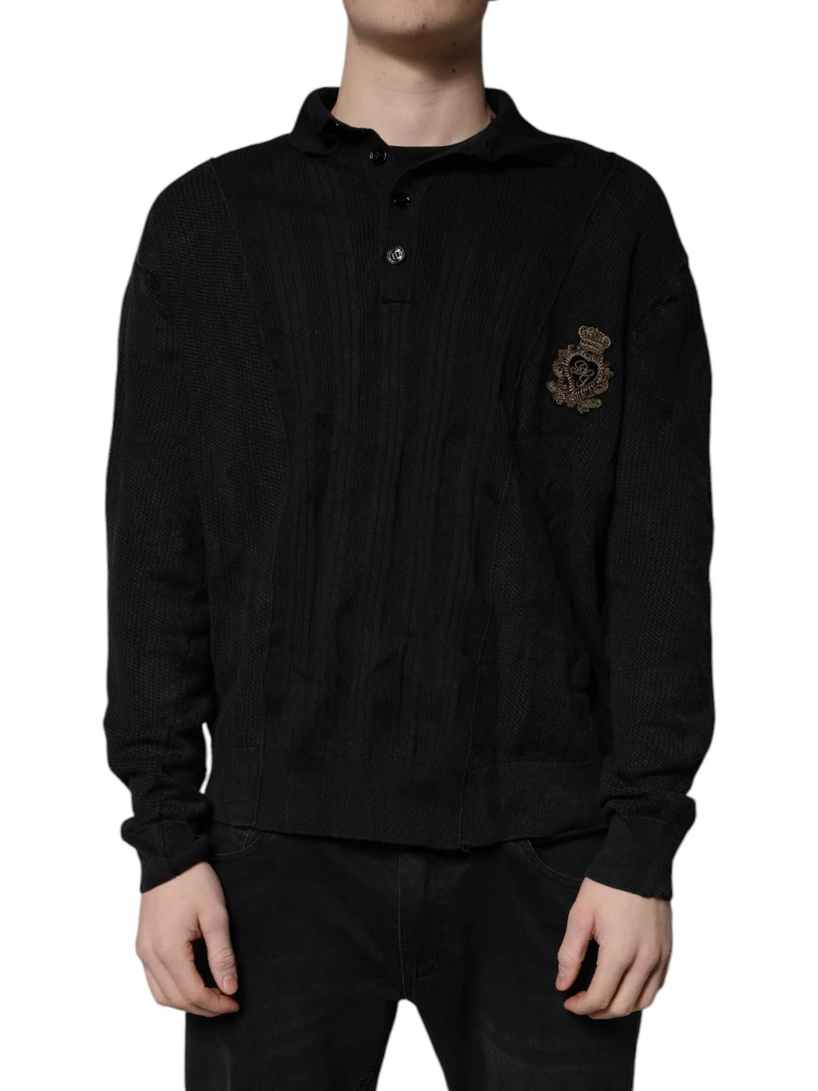 Black Heraldic Silk Buttoned Pullover Sweater