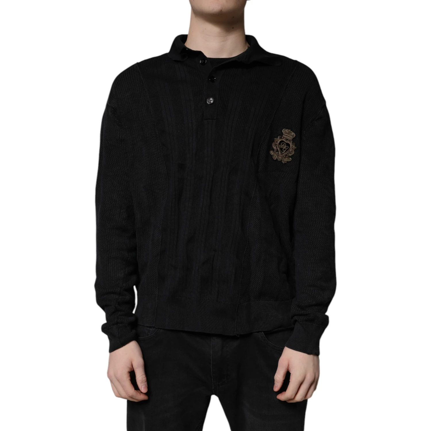 Black Heraldic Silk Buttoned Pullover Sweater