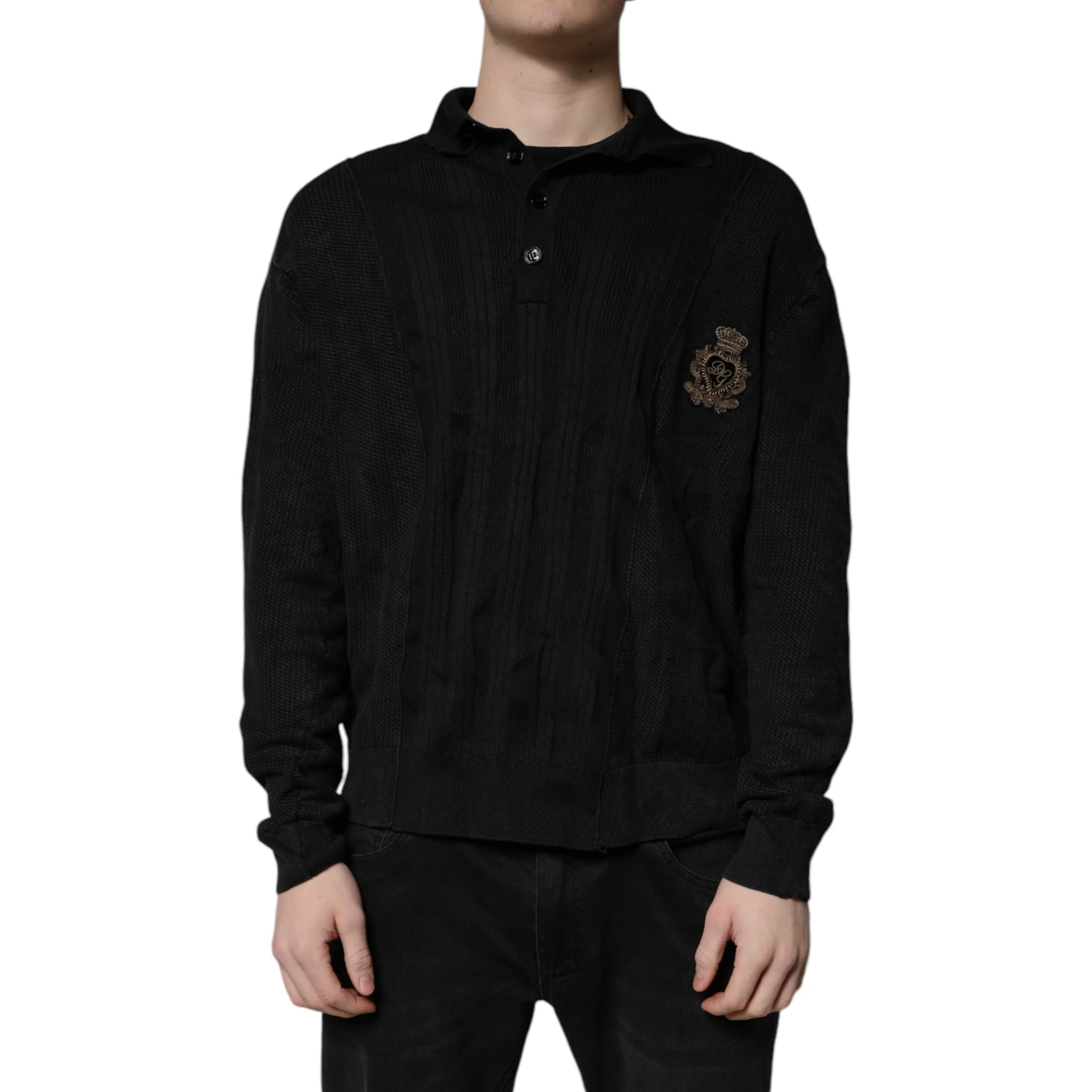 Black Heraldic Silk Buttoned Pullover Sweater