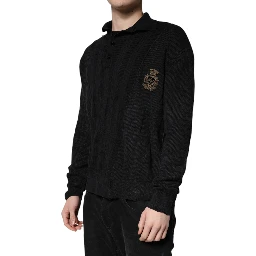 Black Heraldic Silk Buttoned Pullover Sweater