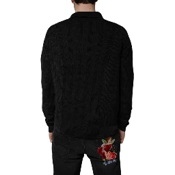 Black Heraldic Silk Buttoned Pullover Sweater