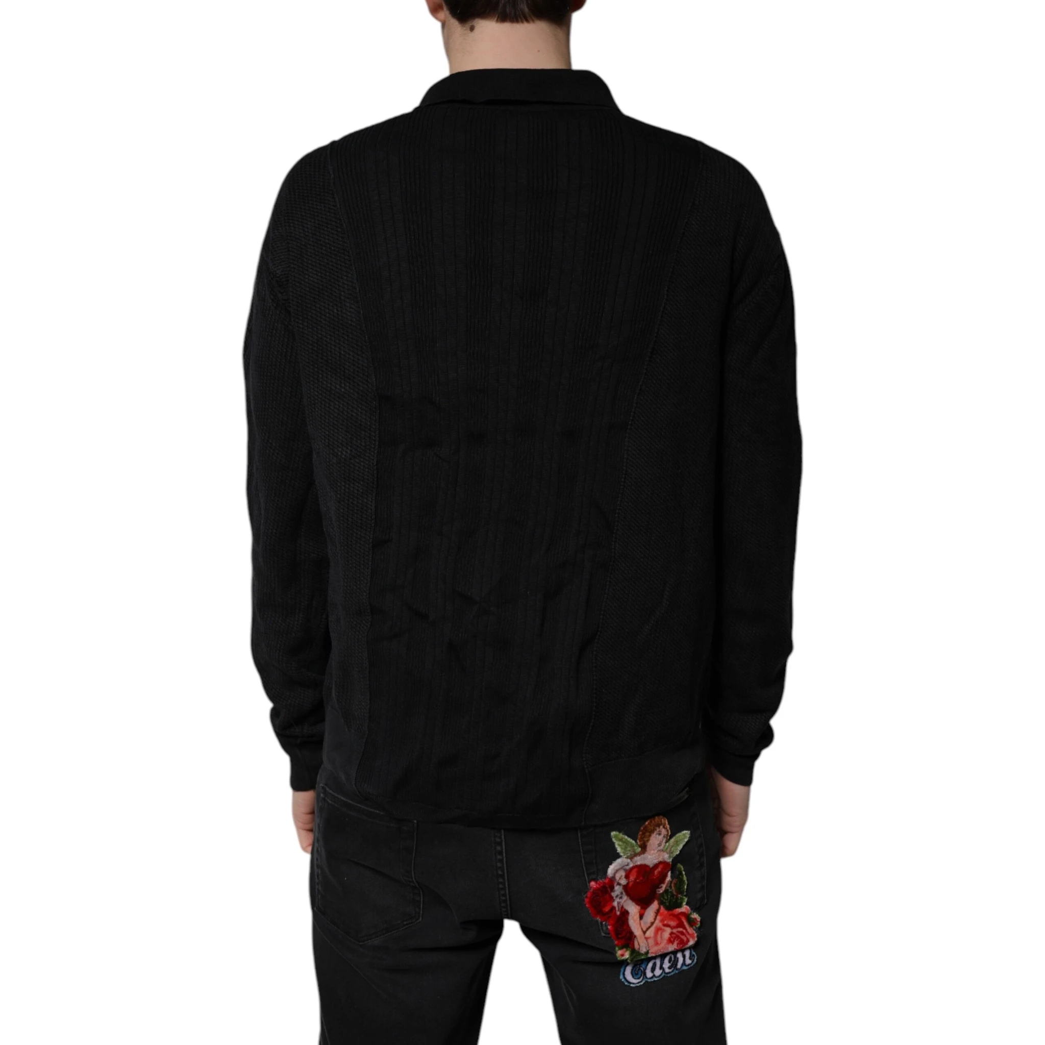 Black Heraldic Silk Buttoned Pullover Sweater