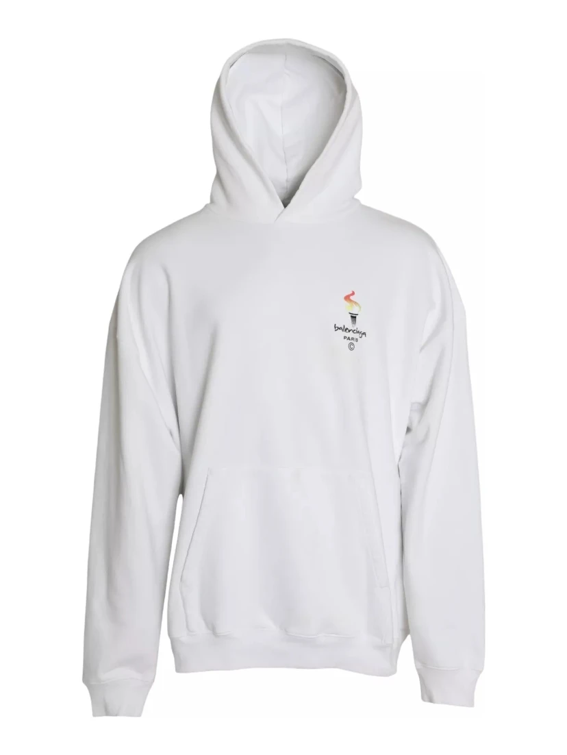 White Cotton Logo Hooded Pullover Oversize Sweater