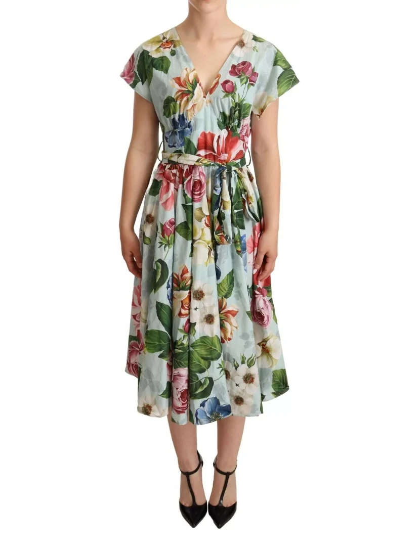 Green Floral Short Sleeves Cotton V-neck Dress